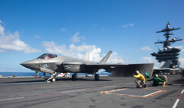 An F-35C Lightning II from the Rough Raiders of Strike Fighter Squadron (VFA) 125 launches from the flight deck of the Nimitz-class aircraft carrier USS Abraham Lincoln (CVN 72) on August 29, 2018. (US Navy)